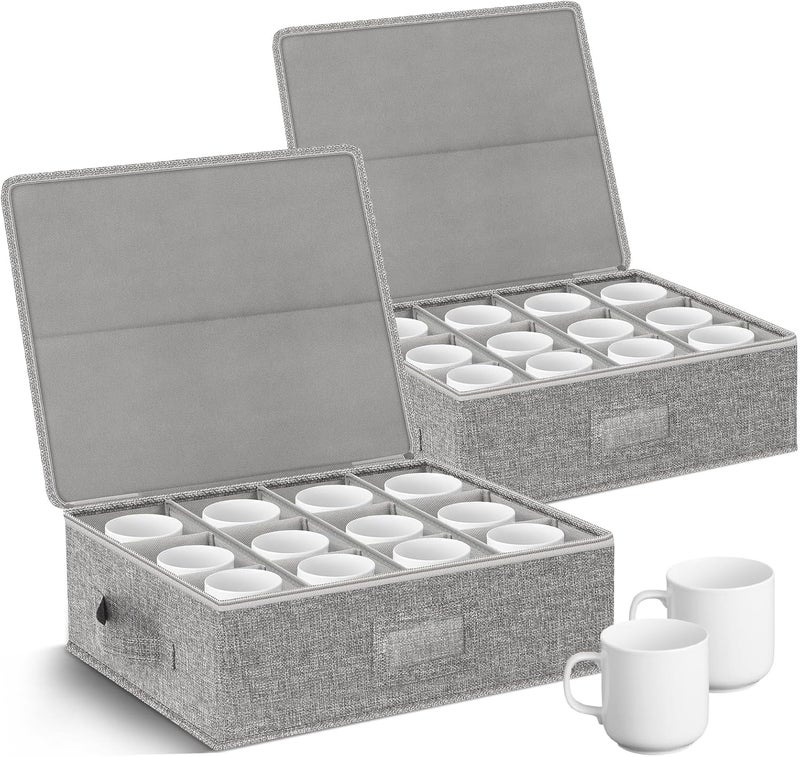 Kukikan Coffee Mug Storage Box 2 Pack with Dividers, China Storage Containers Organizer Moving Supplies, Hard Shell & Stackable for Coffee Mugs, Tea Cups w/Sturdy Lid & Handles, 24 Compartments, Grey - Image 1